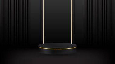 Üç boyutlu soyut stüdyo odası ve kaide podyumu. Dikdörtgen şekilli arka planda altın parıltılı siyah geometrik platform. Kozmetik ürünlerinin tanıtımı, tanıtımı, tanıtımı için lüks sahne