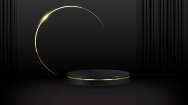 Soyut gerçekçi 3D siyah silindir kaide podyumu, eğik koyu perdeleri ve altın ışıklı arka planı var. Ürün sunumu için lüks siyah sahne. Vektör platformu
