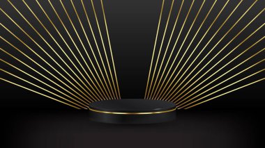 Soyut gerçekçi 3D siyah silindir kaidesel podyum. Koyu arkaplanda altın çizgiler var. Ürün sunumu için lüks siyah sahne. Vektör platformu