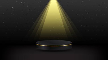 Abstract realistic 3D black cylinder pedestal podium with yellow spot light oblique dark background. Luxury black scene for product display presentation. Vector platform clipart