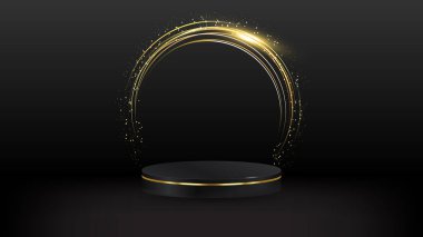 Siyah zemin üzerinde siyah ve altın podyum, ürün sunumu için geometri podyumu şekli. soyut vektör platformu