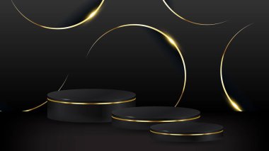 Altın elementli siyah podyum geometrisi. Ürün sunumu boş podyum. Minimum sahne basamağı soyut kompozisyonu. Boş vitrin, kaide platformu
