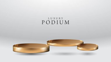 Üç güzel altın sahne, çıplak renkli kağıt stüdyosunda kaide ya da podyum. Üç boyutlu illüstrasyon. Kozmetik ya da moda için mükemmel bir geçmiş ya da model. Nesnenizi ya da ürününüzü kaideye yerleştirin