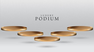 Stüdyonun arka planında beş güzel altın sahne, kaide ya da podyum. Üç boyutlu illüstrasyon. Kozmetik ya da moda için mükemmel bir geçmiş ya da model. Nesnenizi ya da ürününüzü kaideye yerleştirin