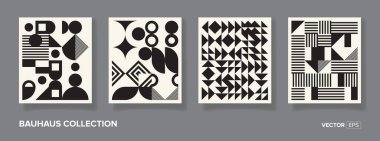 20 'lik geometrik tasarımı olan dört adet siyah-beyaz geometrik vektör desenli minimal poster. Kapak tasarımı, poster ve arkaplan için modaya uygun Bauhaus desen arka planı