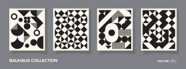 20 'lik geometrik tasarımı olan dört adet siyah-beyaz geometrik vektör desenli minimal poster. Kapak tasarımı, poster ve iç tasarımı için son moda Bauhaus desen arka planı.
