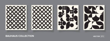 20 'lik geometrik tasarımı olan dört adet siyah-beyaz geometrik vektör desenli minimal poster. Kapak tasarımı, poster ve iç tasarımı için son moda Bauhaus desen arka planı