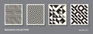 20 'lik geometrik tasarımı olan dört adet siyah-beyaz geometrik vektör desenli minimal poster. Kapak tasarımı için son moda Bauhaus desen arka planı, poster