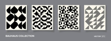 Retro bauhaus siyah ve beyaz geometrik vektör desenleri minimum poster arkaplanı. Moda Bauhaus desen arkaplanı
