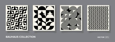Retro bauhaus siyah beyaz 4 geometrik vektör deseni minimal poster tasarımı. Moda Bauhaus desen arkaplanı