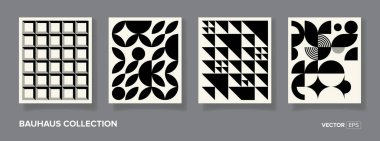 4 adet asgari 20 'lik geometrik tasarım posterleri, duvar sanatı, şablon, ilkel şekilli düzenleme. Bauhaus retro model arkaplan, vektör soyut çember, üçgen ve kare çizgi sanat Vektörleri