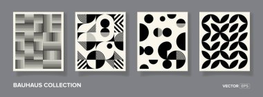 4 adet asgari 20 'lik geometrik tasarım posterleri, duvar sanatı, şablon, ilkel şekilli düzenleme. Bauhaus retro model arkaplan, vektör soyut çember, üçgen ve kare çizgi sanat vektörü