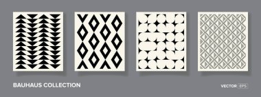 4 adet asgari 20 'lik geometrik tasarım posterleri, duvar sanatı, şablon, ilkel şekilli düzenleme. Bauhaus retro model arkaplan, vektör soyut çember, üçgen ve kare çizgi sanatı