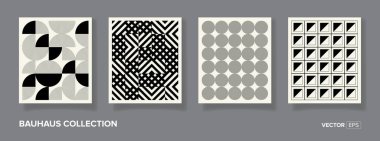 4 adet asgari 20 'lik geometrik tasarım posterleri, duvar sanatı, şablon, ilkel şekilli düzenleme. Bauhaus retro model arkaplan, vektör soyut çember, üçgen ve kare çizgi sanat Vektörü