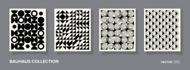 4 adet asgari 20 'lik geometrik tasarım posterleri, duvar sanatı, şablon, ilkel şekilli düzenleme. Bauhaus retro model arkaplan, vektör soyut çember, üçgen ve kare çizgi sanat Pro