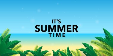 Çiçekli yaz pankartı tasarımı egzotik plam ağacı okyanus mavisi.