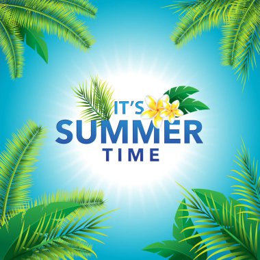 Typography Letter ve Tropikal Yapraklar ile Merhaba Yaz Resimleri Mavi Arkaplanda