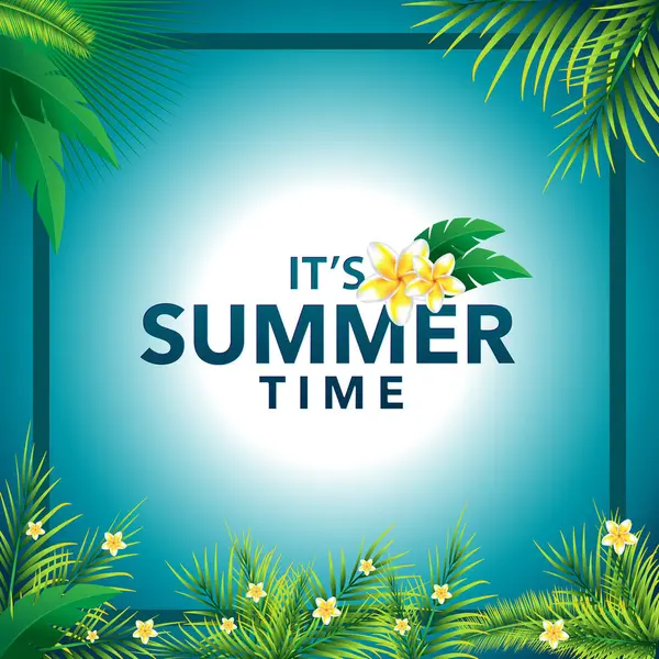 Mavi çerçeveli arka planda çiçek palmiyesi yapraklarıyla yaz tatilinin tadını çıkar.