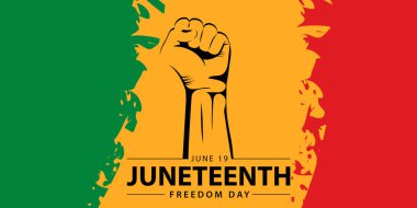 Haziran 'ın Sancak Vektörü. Turuncu Arkaplanda Afrika Bayrağı sallıyor. Haziran Özgürlük Günü Metni.