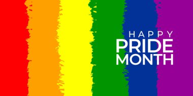 Gökkuşağı Yazılı Gurur Ayı Afişi. Moda 'Gurur Ayı' tipografisi LGBT Gurur Bayrağı Renkleri. Vektör Bayrağı