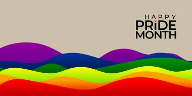 PRIDE ayını kutlayalım. Festival geçitleri, partiler ve sosyal etkinlikler için güzel dalgalar arkaplanı. Koyu arkaplanda renkli gökkuşağı bayrağı. Vektör tasarım şablonu