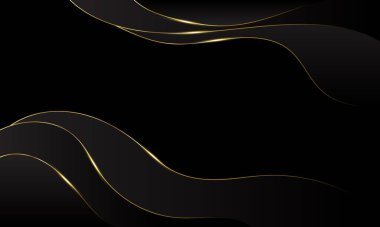 Altın çizgileri olan soyut siyah lüks arka plan. Zarif dalga modern duvar kağıdı. Satışlar, reklamlar, etkinlikler, ödüller, web, sayfalar ve diğerleri için şablon afişi