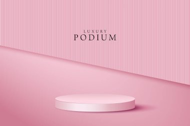 Üç boyutlu pembe podyum arka planı, gölgeli. Soyut kompozisyon minimalist tasarımı. Stüdyo gösterisi kozmetik standı ürün kaidesi, Moda sahnesi sahne düzenleme duvarı sahnesi