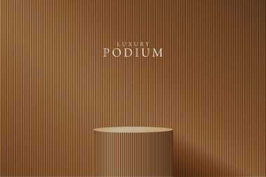 Yaprak gölgesi ve ışıklandırma sahnesiyle gerçekçi kahverengi 3D silindirik podyum arka planı. Minimalist model kaidesi, soyut lüks ürün sunumu, sahne gösterisi. Platform vektör tasarımı