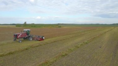 Kazakhstan,Astana-11.25.2022:Harvesting flax.Harvesting flax,cotton in fields,ranches and farmlands.Combines mow flax in the field.Agro-industrial complex. A combine harvester cuts cotton in the field