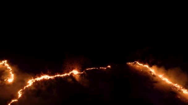 火と煙で森の中の夜の火災 喫煙野生の炎の壮大な空中ビデオ 燃える 夜に輝く火 森林火災 気候変動生態系暗闇の中での線の火災 — ストック動画