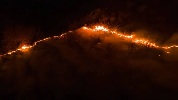 Nocny Pożar Lesie Ogniem Wędzoną Epickie Zdjęcie Lotnicze Dymiącej Dzikiej — Zdjęcie stockowe