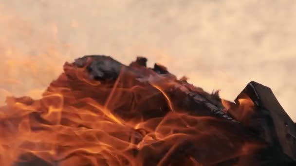 Lassított Mozgású Videó Tűzzel Lángokkal Tábortűz Tűzifa Égetése Tűzzel Füsttel — Stock videók