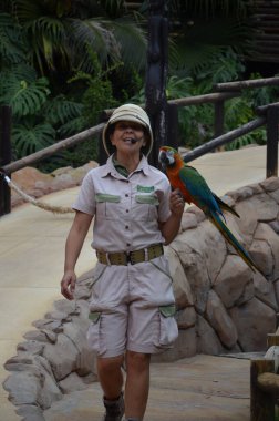 Tenerife, İspanya 03.20.2018: Orman parkında bir zooloji merkezi olarak papağanların gösterimi