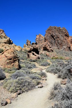 Güneşli bir günde çöldeki volkanik kaya oluşumlarının manzarası, Teide Ulusal Parkı, Tenerife