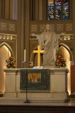 inside the famous Markt Kirche in Wiesbaden, a brick building in neo-Gothic style clipart