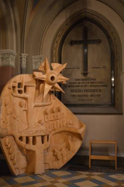 inside the famous Markt Kirche in Wiesbaden, a brick building in neo-Gothic style clipart