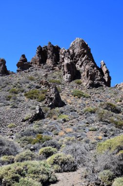 Güneşli bir günde çöldeki volkanik kaya oluşumlarının manzarası, Teide Ulusal Parkı, Tenerife
