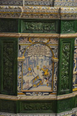 Nuremberg, Almanya 10.19.2019: Hans Heinrich II Pfau tarafından yapılan fayanslı ocak, muhtemelen ressam David Pfau