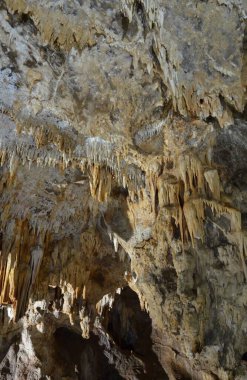 Çok sayıda sarkıt ile güzel eski karanlık mağaranın içi. Zuddas, İtalya, Sardunya Grotte di mi
