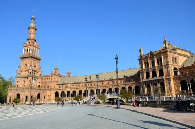 Seville, İspanya 03.23.2019: Sevilla 'daki Plaza de Espana Sunset, Endülüs, İspanya