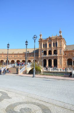 Seville, İspanya 03.23.2019: Sevilla, İspanya 'da Plaza Espana Panoraması