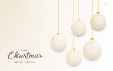 Şenlikli Noel dekorasyonu Beyaz ve web sitesi için altın noel baloları. Sosyal ağlar. blog ya da video kanalınız