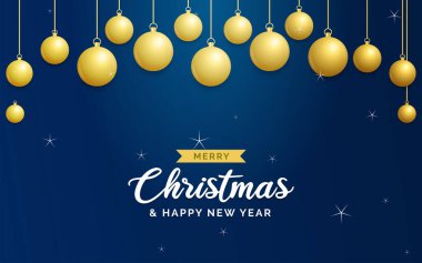 Noel mavisi arka planı ve parlak altın toplar. Mutlu noel tebrik kartları. Noel tatili ve yeni yıl posteri. Web pankartı