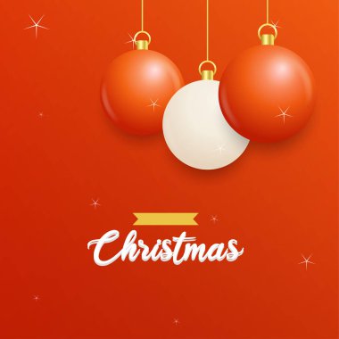 Beyaz ve kırmızı taşaklı Mutlu Noeller Kırmızı Arka plan. Yatay Noel posterleri. tebrik kartları