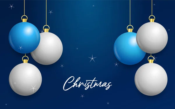 Natal Fundo Azul Com Pendurado Brilhante Bolas Brancas Prateadas Feliz — Vetor de Stock