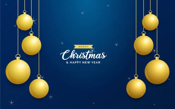 stock vector Christmas blue background with hanging shining golden balls. Merry christmas greeting card. Holiday Xmas and New Year poster. web banner