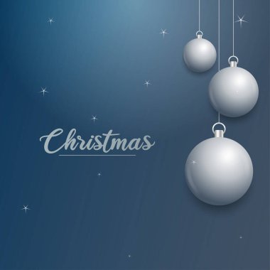 Süslü Noel pankartı. Mutlu Noeller mesajı. Mavi arkaplanda gümüş süsler