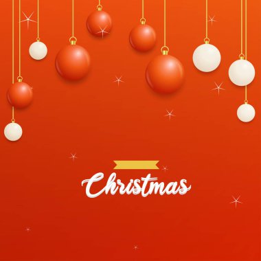 Beyaz ve kırmızı taşaklı Mutlu Noeller Kırmızı Arka plan. Yatay Noel posterleri. tebrik kartları