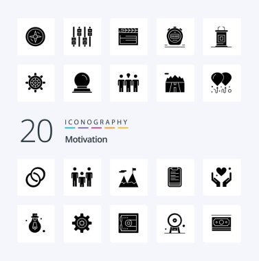20 Motivasyon Katı Glyph simgesi paketi kalp motivasyonu gibi başarılı pano panosu