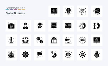 25 Global Business Solid Glyph simgesi paketi